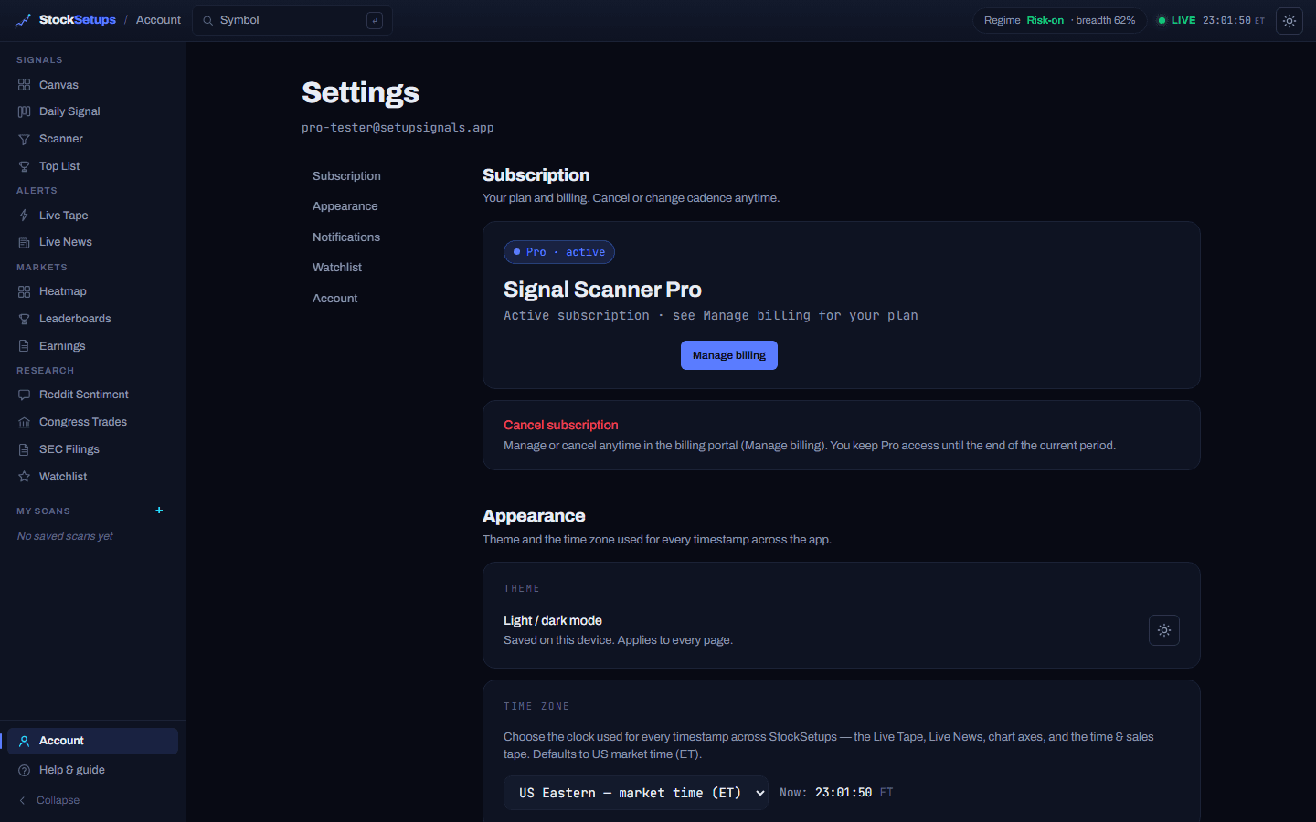 The Account page, where Notifications is configured