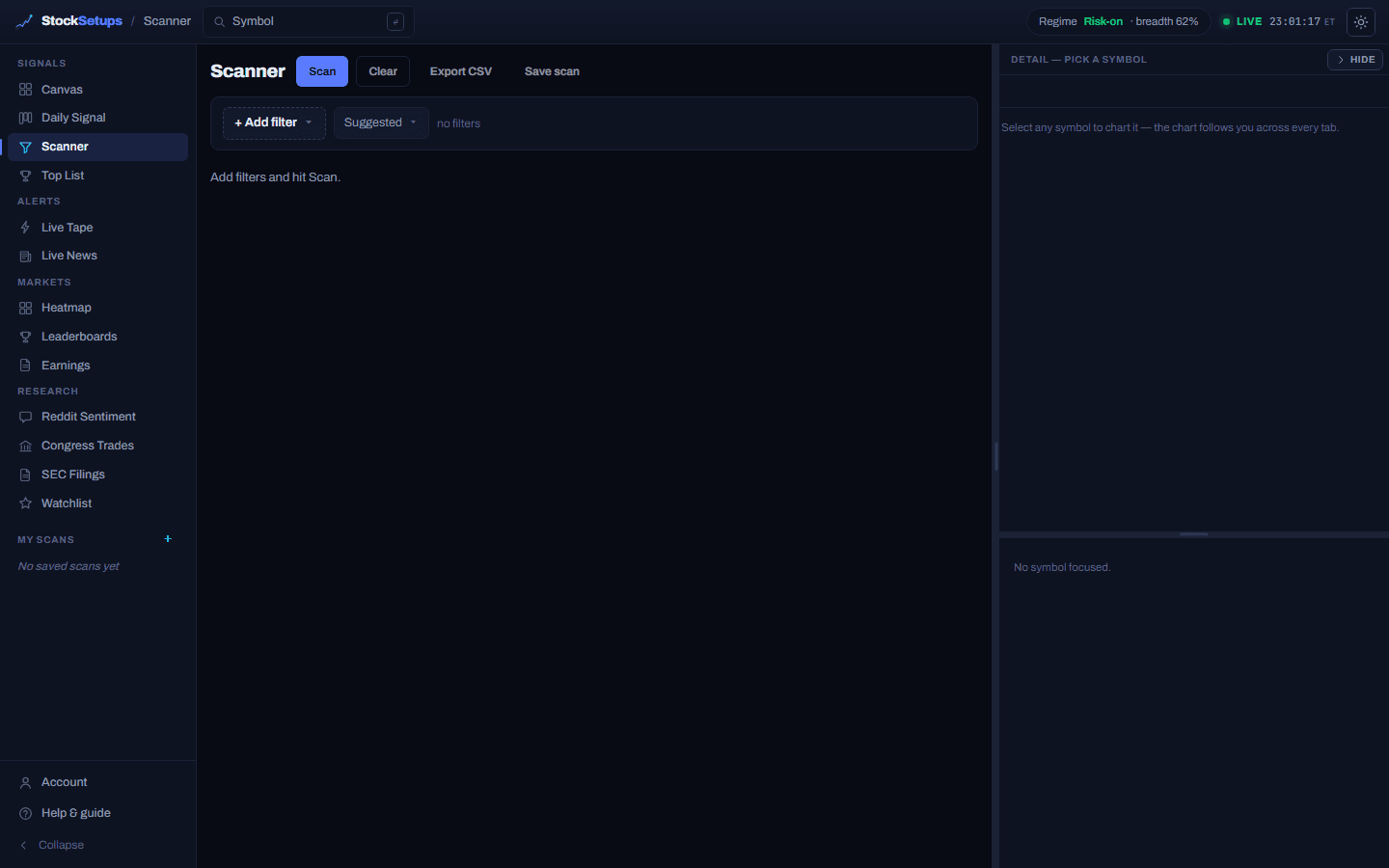 The Scanner with the Add filter menu and Scan / Export controls