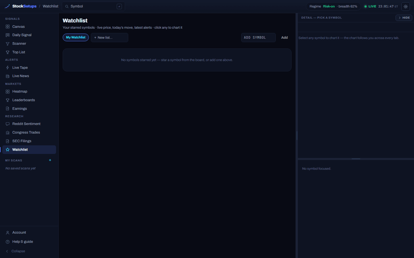 The Watchlist page with the list switcher and add-symbol input